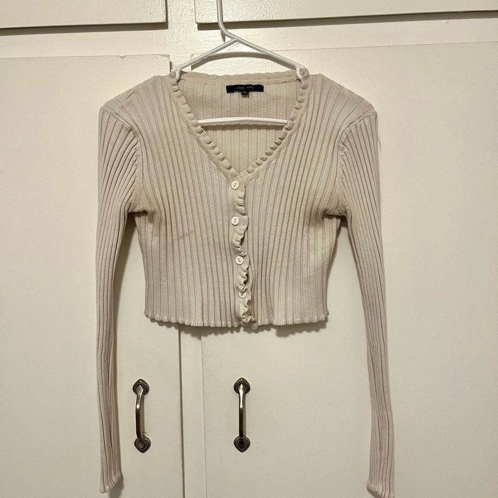 Love Tree Cream Ribbed Button-Up Cropped Cardigan